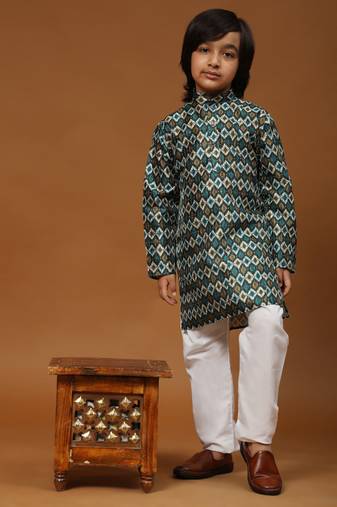 Firozi Jacquard Silk Kurta Pajama Set for Boys Ethnic Wear