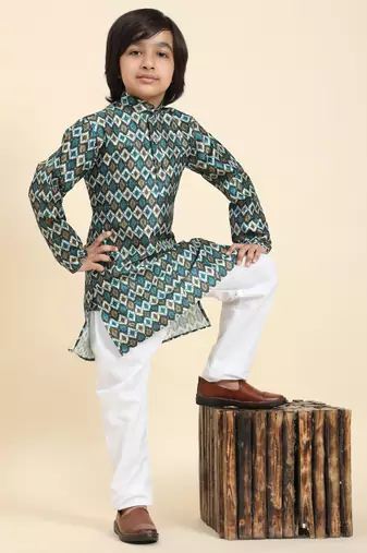 Firozi Jacquard Silk Kurta Pajama Set for Boys Ethnic Wear