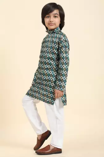 Firozi Jacquard Silk Kurta Pajama Set for Boys Ethnic Wear