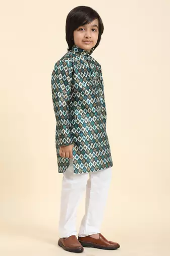 Firozi Jacquard Silk Kurta Pajama Set for Boys Ethnic Wear