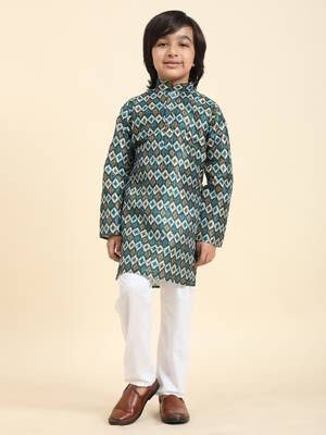 Firozi Jacquard Silk Kurta Pajama Set for Boys Ethnic Wear 5