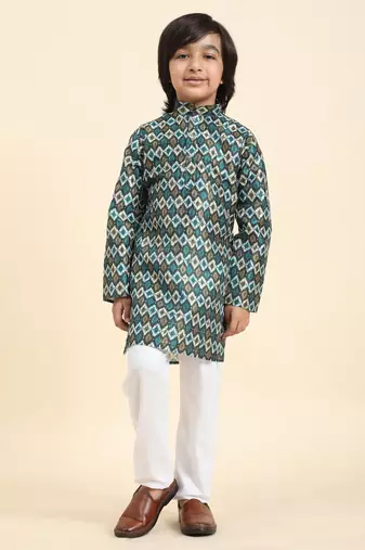 Firozi Jacquard Silk Kurta Pajama Set for Boys Ethnic Wear