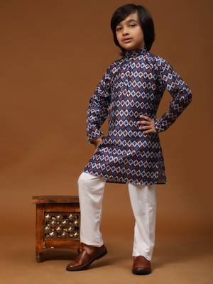 Blue Jacquard Silk Kurta Pajama Set for Boys Ethnic Wear 2