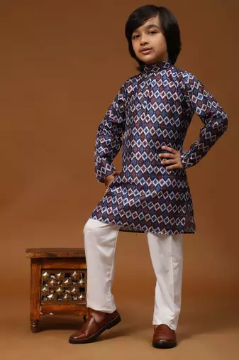 Blue Jacquard Silk Kurta Pajama Set for Boys Ethnic Wear