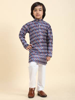 Blue Jacquard Silk Kurta Pajama Set for Boys Ethnic Wear 3