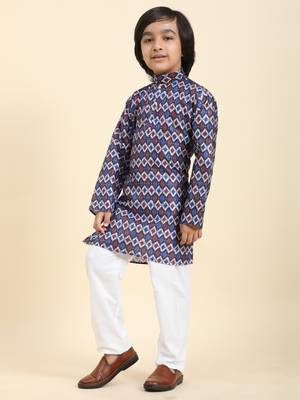 Blue Jacquard Silk Kurta Pajama Set for Boys Ethnic Wear 4