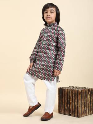 Green Jacquard Silk Kurta Pajama Set for Boys Ethnic Wear 1