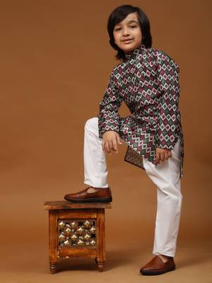 Green Jacquard Silk Kurta Pajama Set for Boys Ethnic Wear 2