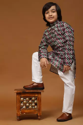 Green Jacquard Silk Kurta Pajama Set for Boys Ethnic Wear