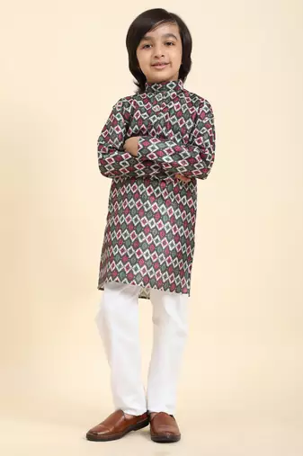 Green Jacquard Silk Kurta Pajama Set for Boys Ethnic Wear