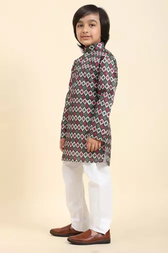 Green Jacquard Silk Kurta Pajama Set for Boys Ethnic Wear