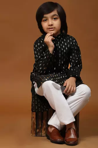 Black Printed Cotton Printed Kurta Pajama Set for Boys Ethnic Wear
