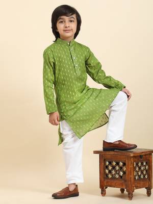 Green Printed Cotton Printed Kurta Pajama Set for Boys Ethnic Wear 1