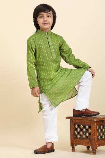 Green Printed Cotton Printed Kurta Pajama Set for Boys Ethnic Wear