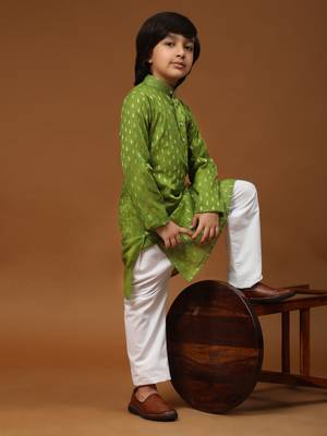 Green Printed Cotton Printed Kurta Pajama Set for Boys Ethnic Wear 2