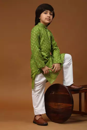 Green Printed Cotton Printed Kurta Pajama Set for Boys Ethnic Wear