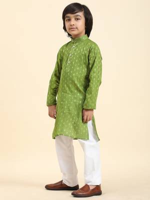 Green Printed Cotton Printed Kurta Pajama Set for Boys Ethnic Wear 3