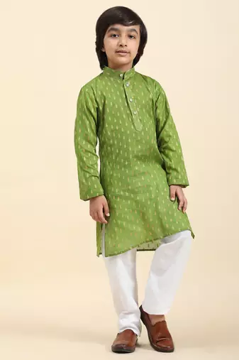 Green Printed Cotton Printed Kurta Pajama Set for Boys Ethnic Wear