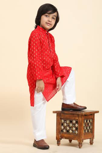 Red Printed Cotton Printed Kurta Pajama Set for Boys Ethnic Wear