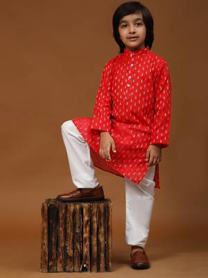 Red Printed Cotton Printed Kurta Pajama Set for Boys Ethnic Wear 2