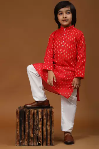 Red Printed Cotton Printed Kurta Pajama Set for Boys Ethnic Wear