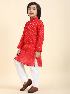 Red Printed Cotton Printed Kurta Pajama Set for Boys Ethnic Wear 3