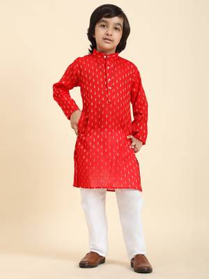 Red Printed Cotton Printed Kurta Pajama Set for Boys Ethnic Wear 4