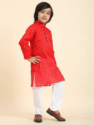 Red Printed Cotton Printed Kurta Pajama Set for Boys Ethnic Wear 5
