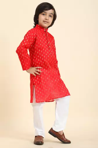 Red Printed Cotton Printed Kurta Pajama Set for Boys Ethnic Wear