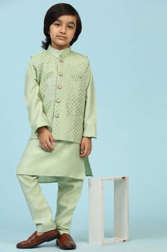 Green Printed Silk Printed Kurta Pajama with Waistcoat Set for Boys Ethnic Wear