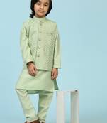 Green Printed Silk Printed Kurta Pajama with Waistcoat Set for Boys Ethnic Wear