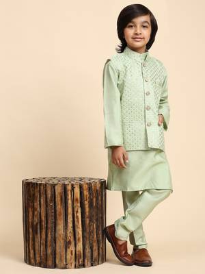 Green Printed Silk Printed Kurta Pajama with Waistcoat Set for Boys Ethnic Wear 2