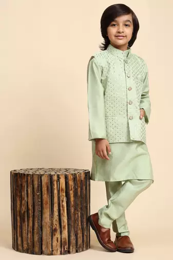 Green Printed Silk Printed Kurta Pajama with Waistcoat Set for Boys Ethnic Wear