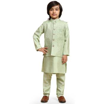 Green Printed Silk Printed Kurta Pajama with Waistcoat Set for Boys Ethnic Wear 3
