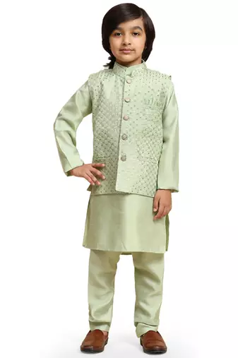 Green Printed Silk Printed Kurta Pajama with Waistcoat Set for Boys Ethnic Wear