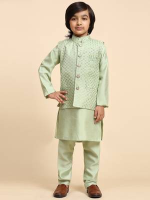 Green Printed Silk Printed Kurta Pajama with Waistcoat Set for Boys Ethnic Wear 4