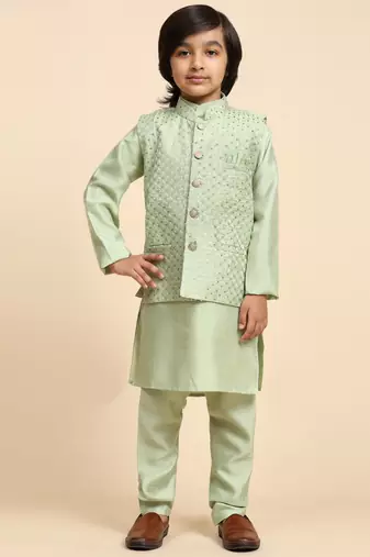 Green Printed Silk Printed Kurta Pajama with Waistcoat Set for Boys Ethnic Wear