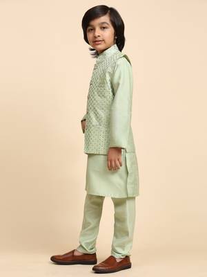Green Printed Silk Printed Kurta Pajama with Waistcoat Set for Boys Ethnic Wear 5