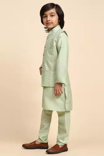 Green Printed Silk Printed Kurta Pajama with Waistcoat Set for Boys Ethnic Wear