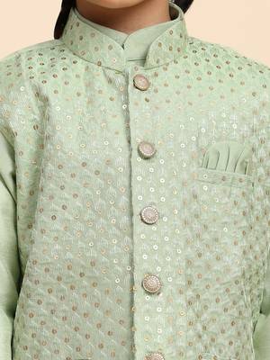 Green Printed Silk Printed Kurta Pajama with Waistcoat Set for Boys Ethnic Wear 6
