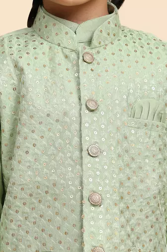 Green Printed Silk Printed Kurta Pajama with Waistcoat Set for Boys Ethnic Wear
