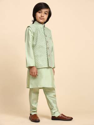 Green Printed Silk Printed Kurta Pajama with Waistcoat Set for Boys Ethnic Wear 7