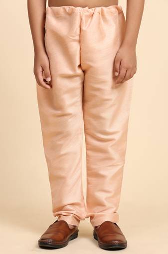 Peach Printed Silk Printed Kurta Pajama with Waistcoat Set for Boys Ethnic Wear