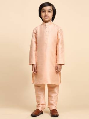Peach Printed Silk Printed Kurta Pajama with Waistcoat Set for Boys Ethnic Wear 2