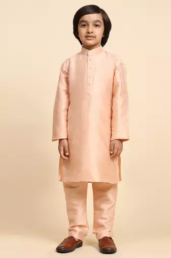 Peach Printed Silk Printed Kurta Pajama with Waistcoat Set for Boys Ethnic Wear