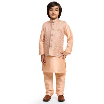 Peach Printed Silk Printed Kurta Pajama with Waistcoat Set for Boys Ethnic Wear 3