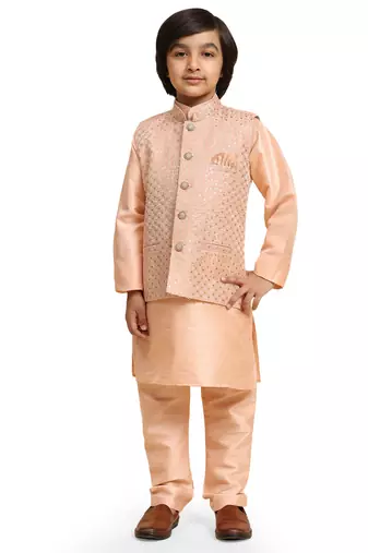 Peach Printed Silk Printed Kurta Pajama with Waistcoat Set for Boys Ethnic Wear