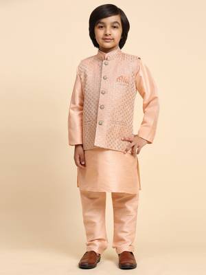 Peach Printed Silk Printed Kurta Pajama with Waistcoat Set for Boys Ethnic Wear 4
