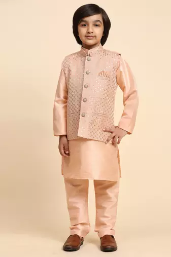 Peach Printed Silk Printed Kurta Pajama with Waistcoat Set for Boys Ethnic Wear