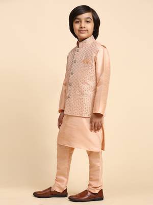 Peach Printed Silk Printed Kurta Pajama with Waistcoat Set for Boys Ethnic Wear 5